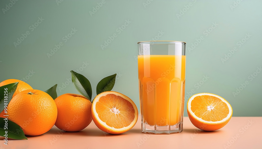 A glass of orange juice with orange slices on the edge, pastel background A glass of orange juice with orange slices on the edge, pastel background