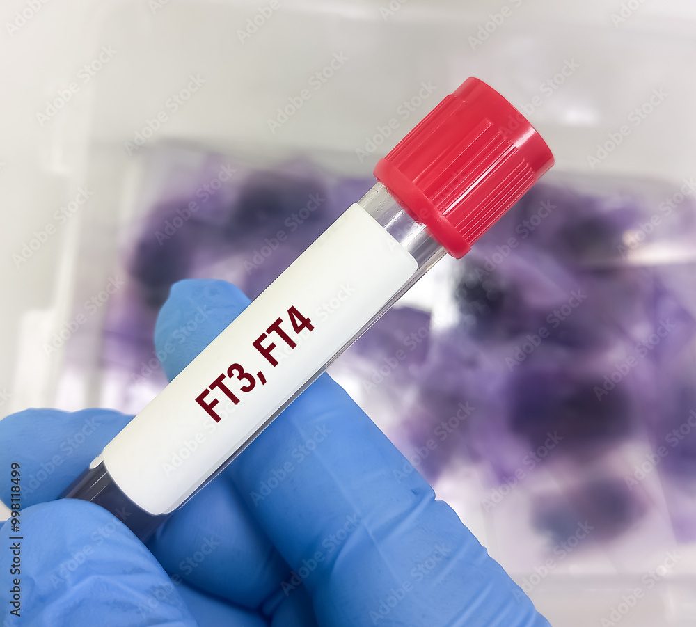 Blood sample for Thyroid function tests or thyroid panel test (T3,T4,TSH,FT3,FT4) to diagnosis of hyperthyroidism or hypothyroidism. Blood sample for Thyroid function tests or thyroid panel test (T3,T4,TSH,FT3,FT4) to diagnosis of hyperthyroidism or hypothyroidism.