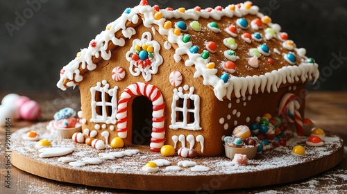 A festive gingerbread house adorned with colorful candies, frosting, and sprinkles, resting on a wooden board dusted with powdered sugar.