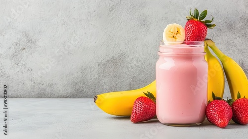 Probiotic fruit drink with a blend of strawberries and bananas, served in a glass jar with a fresh fruit garnish, highlighting its guthealth benefits, 3D illustration photo