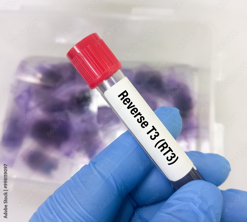 Blood sample for Reverse T3 (rT3) test. It's a byproduct of thyroid hormone metabolism. Thyroid function tests to diagnosis of hyperthyroidism or hypothyroidism of a patient. Blood sample for Reverse T3 (rT3) test. It's a byproduct of thyroid hormone metabolism. Thyroid function tests to diagnosis of hyperthyroidism or hypothyroidism of a patient.