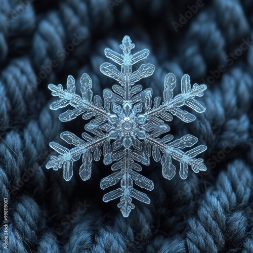 Delicate Snowflake on Dark Woolen Glove - Detailed Ice Crystals in Macro Shot with Sony A7S III and Cool Tones photo