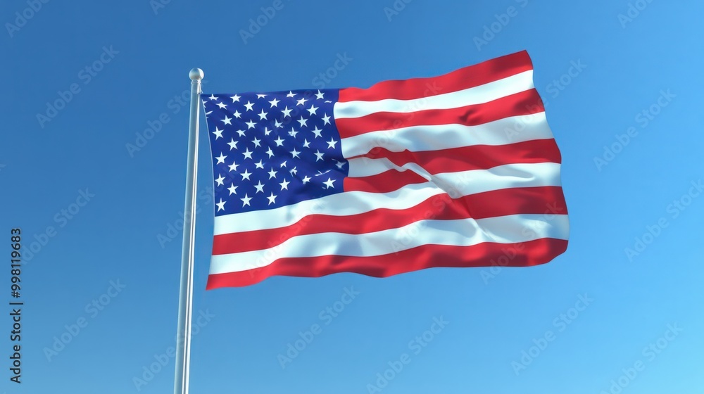 Fototapeta premium Flag of America seamless American Flag Slow Waving with visible wrinkles. Close up of UNITED STATES flag. USA,A fully digital rendering,The animation in blue sky Flag of America vertical
