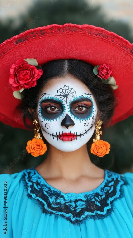 Woman in vibrant attire with sugar skull makeup and traditional hat, celebrating cultural heritage. Woman in vibrant attire with sugar skull makeup and traditional hat, celebrating cultural heritage.