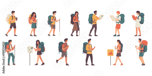 set of flat illustrations with people hiking, holding a map and walking stick in different poses, wearing backpacks on their backs.