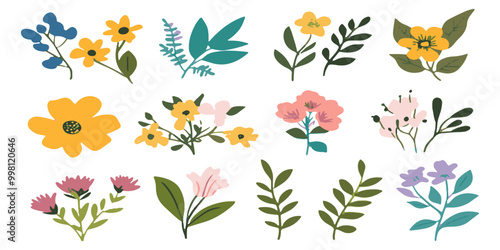 set of simple vector illustrations of wild flowers and leaves, on a white background