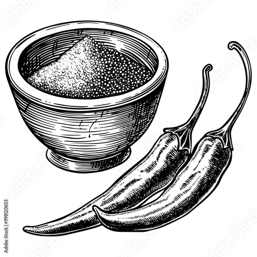唐辛子の実と粉の銅版画のベクターイラスト。