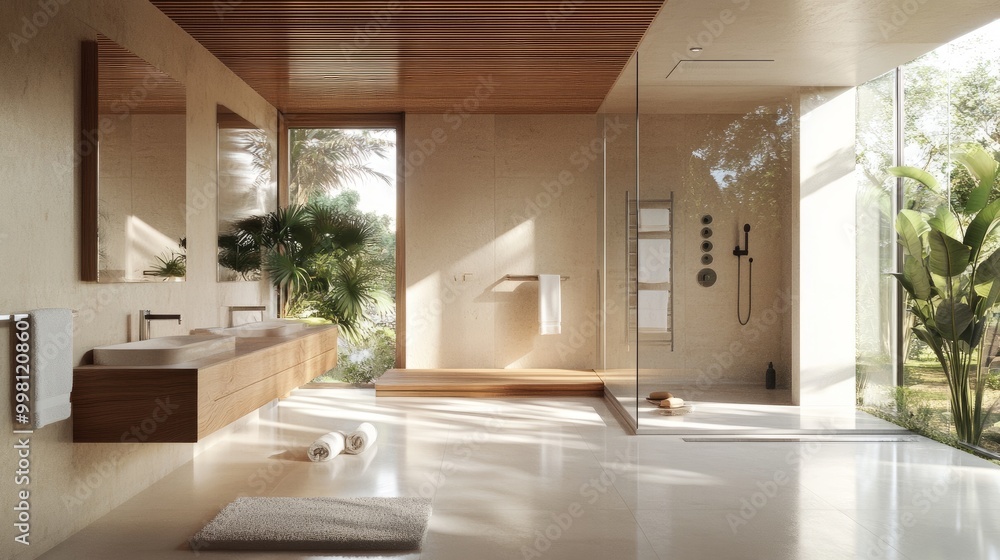 Minimalist bathroom featuring warm wooden accents, clean white surfaces, and a large walk-in shower for a tranquil vibe. Minimalist bathroom featuring warm wooden accents, clean white surfaces, and a large walk-in shower for a tranquil vibe.