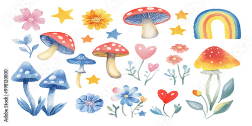 Watercolor cute cartoon rainbow, mushrooms, and flowers clip art set on a white background