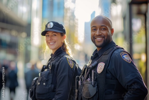Two smiling police officers stand confidently in a busy city. They represent safety and community. Their uniforms are neat and professional. Generative AI