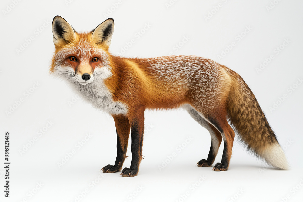 Obraz premium Red Fox Standing Alert with Piercing Gaze and Bushy Tail A red fox in a standing position, attentively observing its surroundings with a sharp and focused expression