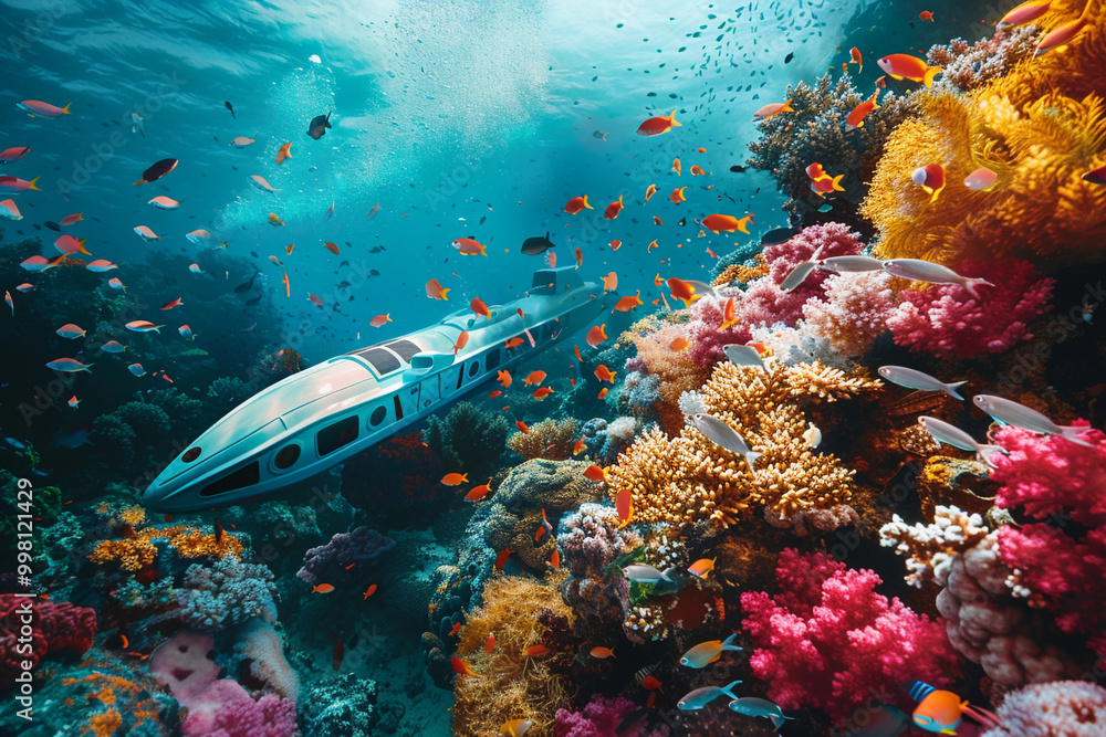 Naklejka premium Beautiful large bathyscaphe floating in middle of ocean during exploration