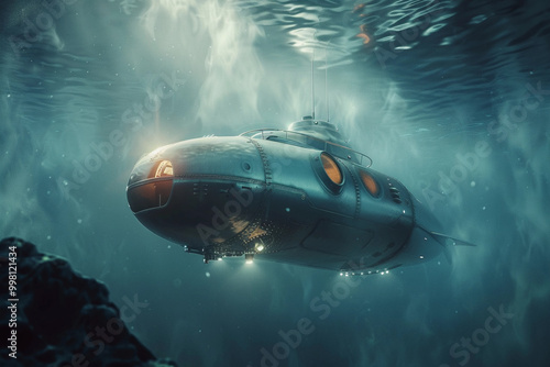 Beautiful large bathyscaphe floating in middle of ocean during exploration photo