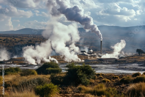 Geothermal power plant generating clean energy while releasing plumes of steam and smoke into the atmosphere