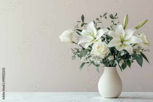 A charming display of colorful flower arranged in a rustic  vase on the colorful  pastel background
 photo