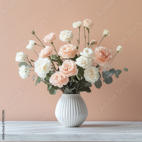 A charming display of colorful flower arranged in a rustic  vase on the colorful  pastel background
 photo