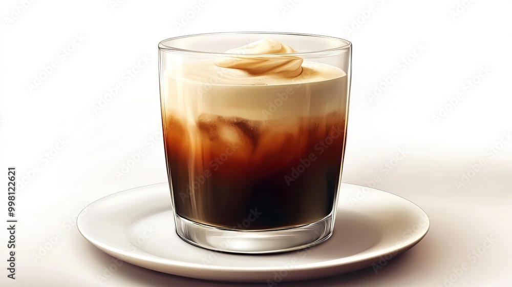 A glass of layered coffee with cream, served on a plate, showcasing a delightful beverage. A glass of layered coffee with cream, served on a plate, showcasing a delightful beverage.