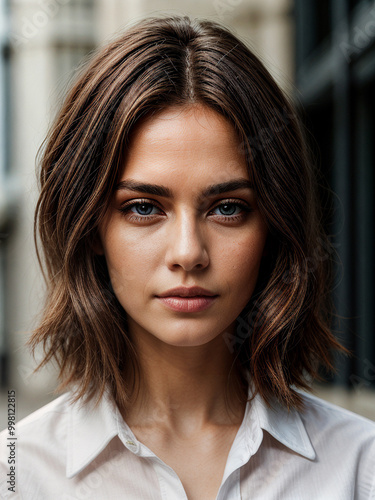 Ultra-detailed portrait of confident young businesswoman with short blonde hair, piercing gaze