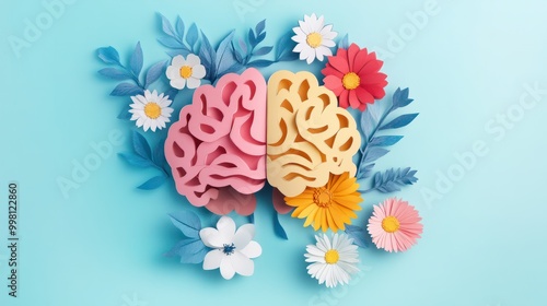 Wallpaper Mural paper cut card Human brain with spring colorful flowers. World Mental Health day Concept of mental health, self care, happiness, harmony, positive thinking, creative mind Torontodigital.ca