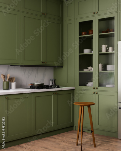A modern green kitchen featuring a sleek design with beautiful natural wood accents