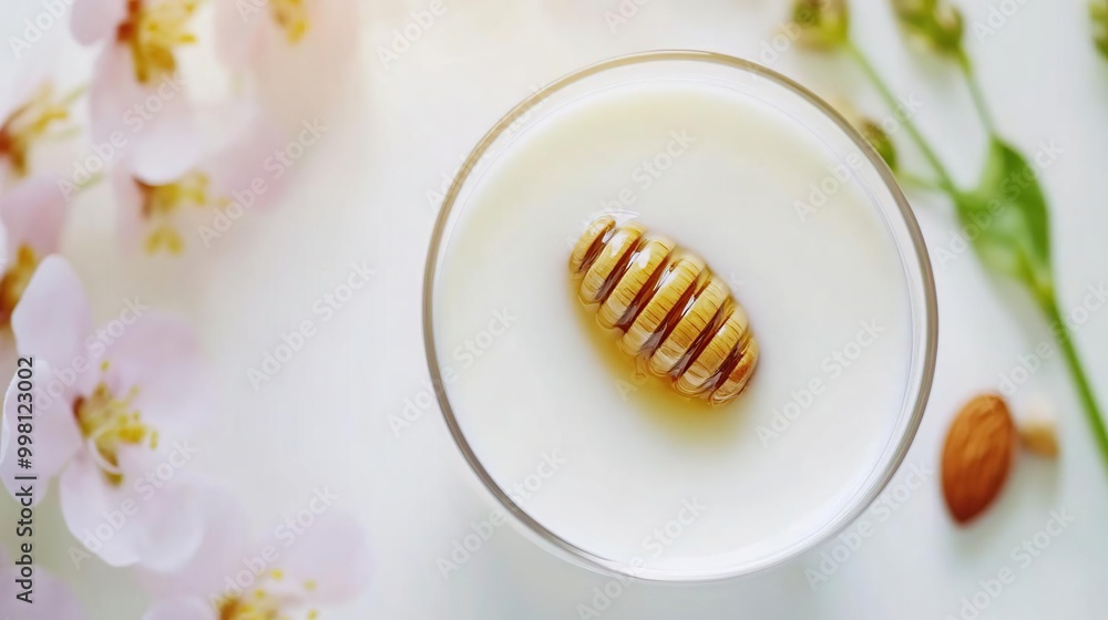 A glass of creamy yogurt topped with honey, surrounded by flowers and almonds. A glass of creamy yogurt topped with honey, surrounded by flowers and almonds.