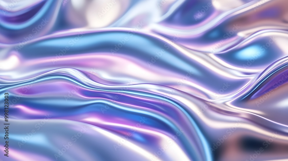 A close-up of an iridescent holographic satin cloth, with soft curves and gentle folds that undulate in the wind A close-up of an iridescent holographic satin cloth, with soft curves and gentle folds that undulate in the wind