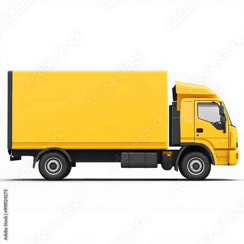 Yellow Delivery Truck in Profile on White Background