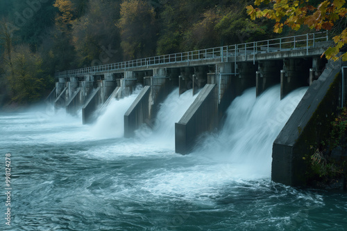 Hydroelectric power plant releasing water through a spillway creating a powerful stream of water