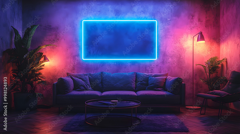 A Blue Neon Frame on the Wall of an Elegant Living Room
A Blue Neon Frame on the Wall of an Elegant Living Room