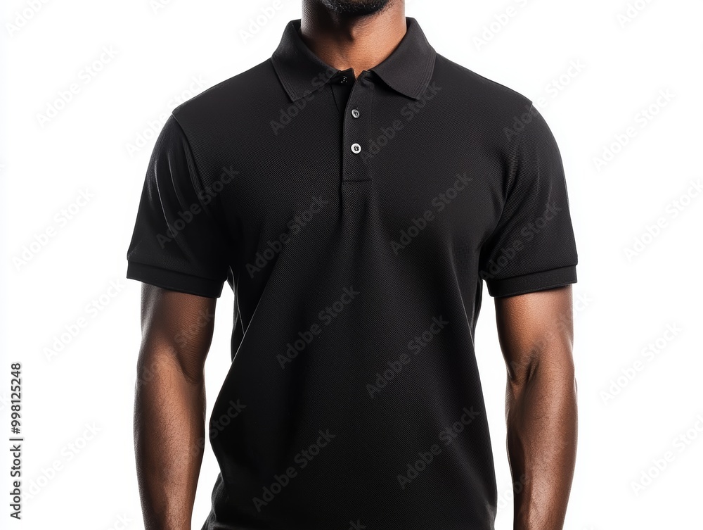 Fototapeta premium Man wearing a black polo shirt, white isolate background.