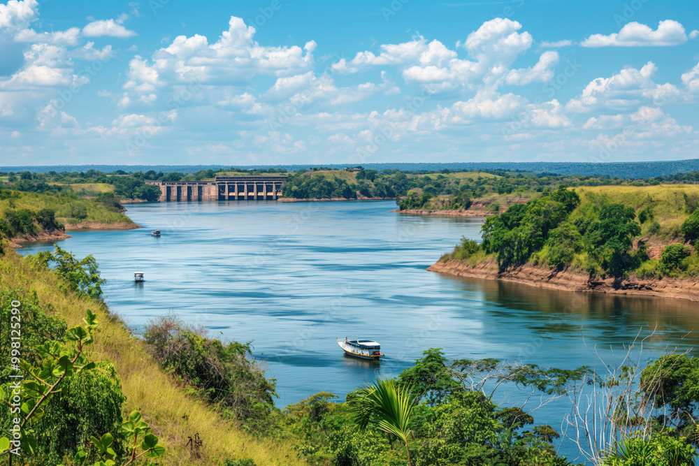Boats navigating on a river with a hydroelectric power plant generating renewable energy in the background Boats navigating on a river with a hydroelectric power plant generating renewable energy in the background