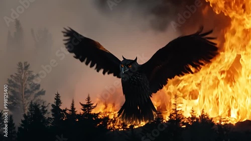 An owl spreads its wings mid-flight over a blazing forest fire, with smoke and flames engulfing the trees below.
