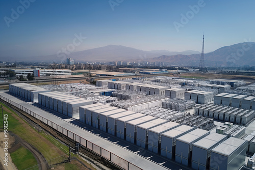 Aerial view of a large battery storage facility, symbolizing the transition to renewable energy sources and a sustainable future