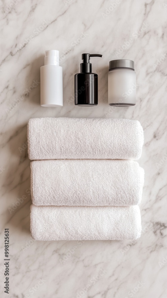 A neatly arranged set of white towels with skincare products on a marble surface, creating a calm and luxurious atmosphere. A neatly arranged set of white towels with skincare products on a marble surface, creating a calm and luxurious atmosphere.