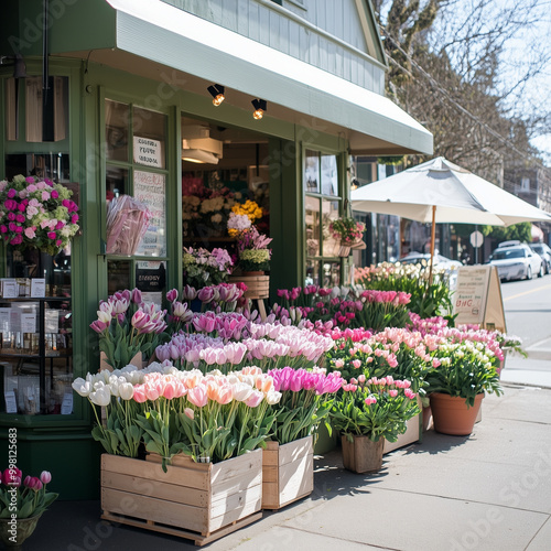 The photo of beautiful flower shop with different houseplants and flowers at the corner of street 
