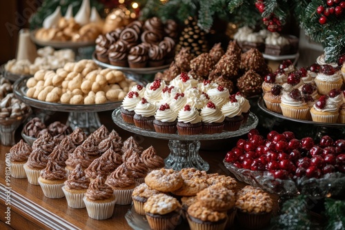 A table is filled with a variety of pastries and sweets, including cupcakes, cookies, and chocolate-covered treats, all set against a backdrop of a Christmas tree.