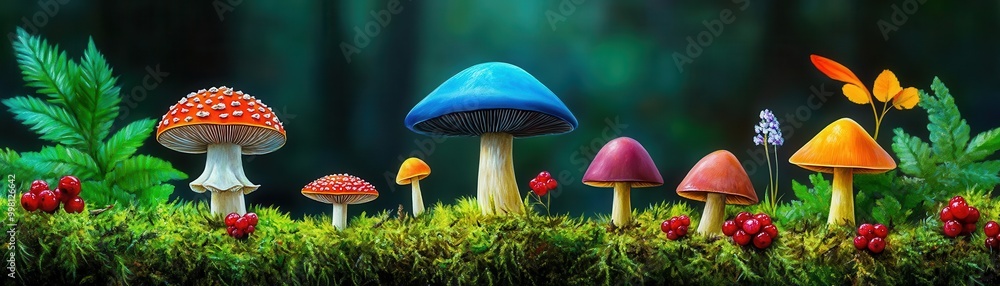 Fototapeta premium Forest ingredients like mushrooms and berries scattered on moss, earthy tones, natural lighting, realistic oil painting