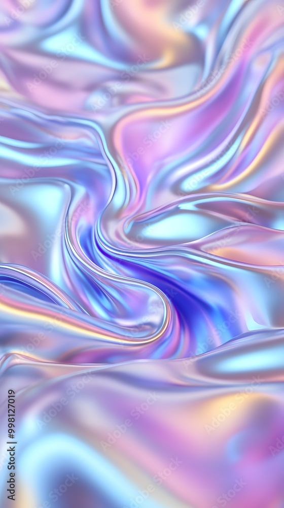 Fototapeta premium A close-up of an iridescent holographic satin cloth, with soft curves and gentle folds that undulate in the wind