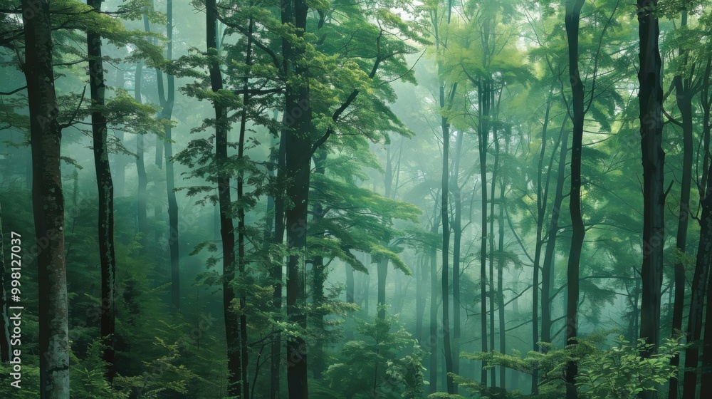 Fototapeta premium Serene Woodland Landscape Misty Green Trees Filling the Forest for a Beautiful and Calming Wallpaper