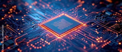 Close-up of a computer processor with illuminated circuit board, showcasing modern technology details.