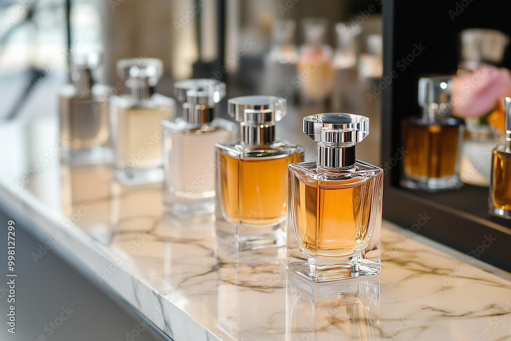 A collection of elegant perfume bottles displayed on a chic marble counter, showcasing luxury and sophistication A collection of elegant perfume bottles displayed on a chic marble counter, showcasing luxury and sophistication