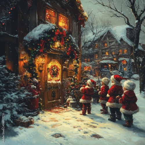 Four carolers in Santa suits sing in front of a festively decorated house in a snowy village.