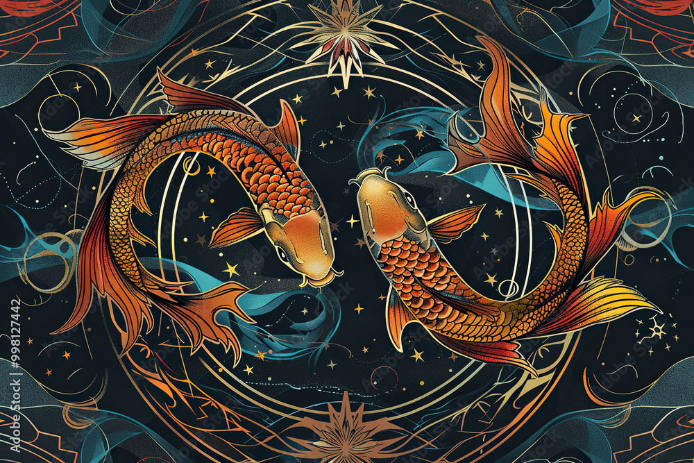 Astrological composition with concept of Pisces zodiac sign symbol Astrological composition with concept of Pisces zodiac sign symbol