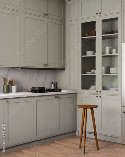 A modern minimalist kitchen with gray cabinets combined with stylish open shelving