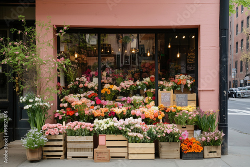 The photo of beautiful flower shop with different houseplants and flowers at the corner of street 
