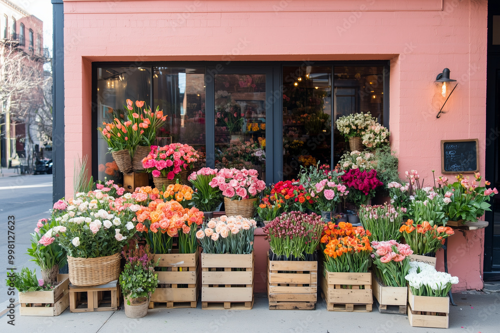 Naklejka premium The photo of beautiful flower shop with different houseplants and flowers at the corner of street 