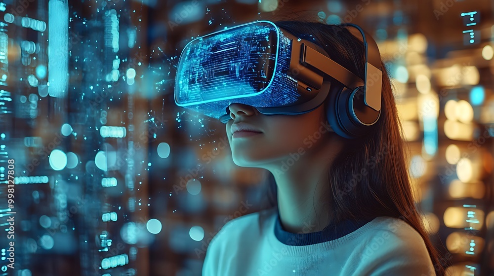 School student with VR headset using AI artificial intelligence technology & machine learning. Interactive technology in classroom. Innovation & smart tech. AI blue hologram in education School student with VR headset using AI artificial intelligence technology & machine learning. Interactive technology in classroom. Innovation & smart tech. AI blue hologram in education