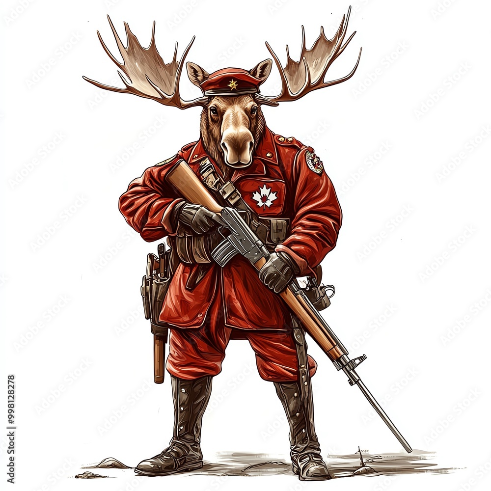 Moose in soldier uniform, white isolate background Moose in soldier uniform, white isolate background