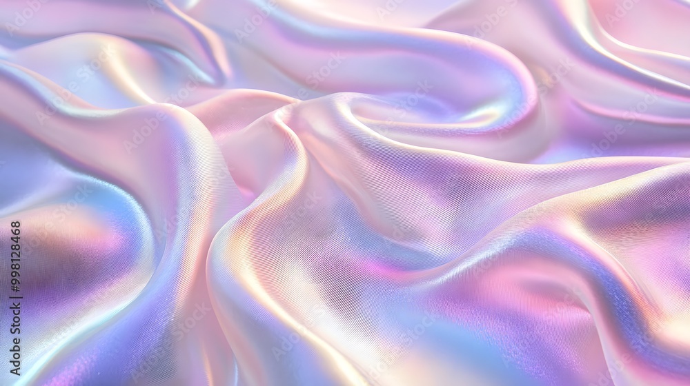 A close-up of an iridescent holographic satin cloth, with soft curves and gentle folds that undulate in the wind A close-up of an iridescent holographic satin cloth, with soft curves and gentle folds that undulate in the wind