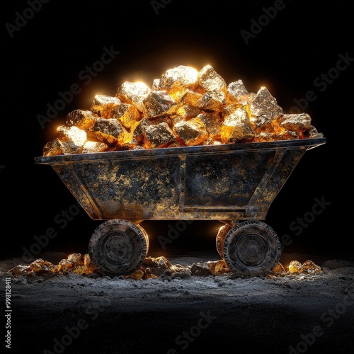 A vintage mining cart filled with shiny gold ore stands out against a dark background, capturing the essence of wealth and resource extraction. photo